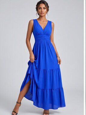 Boho V-Neck Pleated Waist Dress Blue